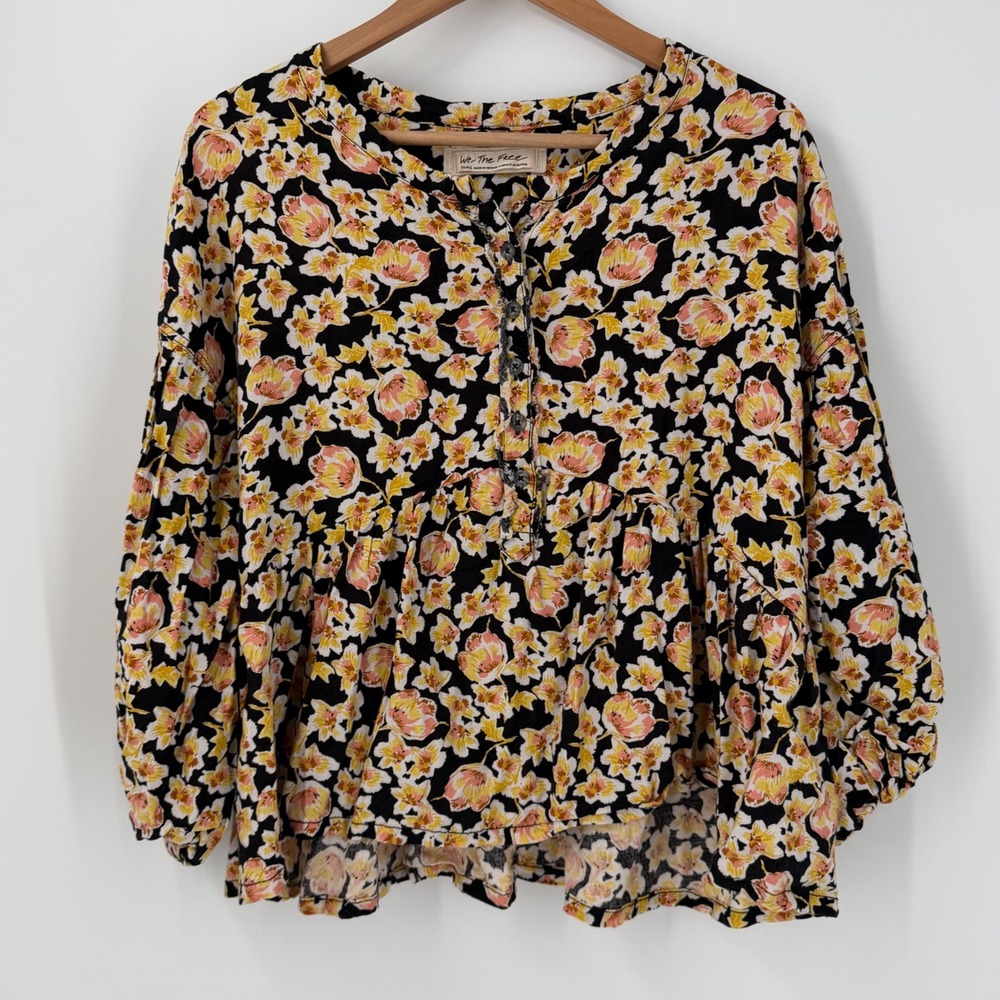 We The Free Free People Floral Linen Blend Henley Peplum Top Black Yellow Small